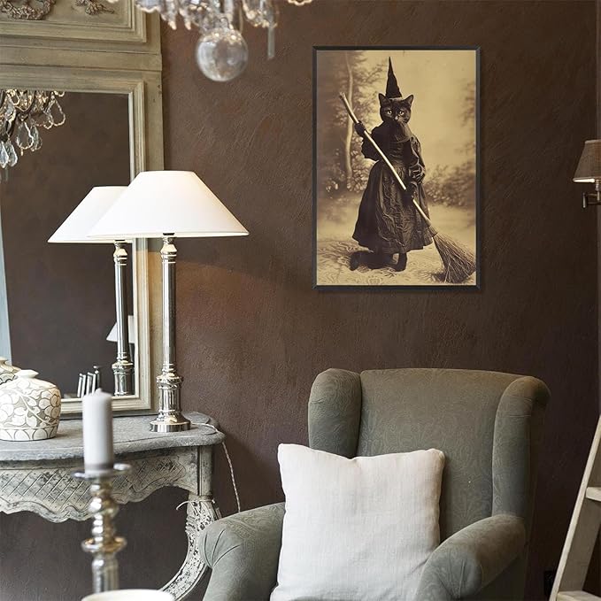 Halloween Decor Posters Black Cat Witch Canvas Wall Art Vintage Spooky Print Of Gothic Room Family Dark Academia Decorations Creepy Picture Poster Aesthetic 24X36inch Aluminum Framed