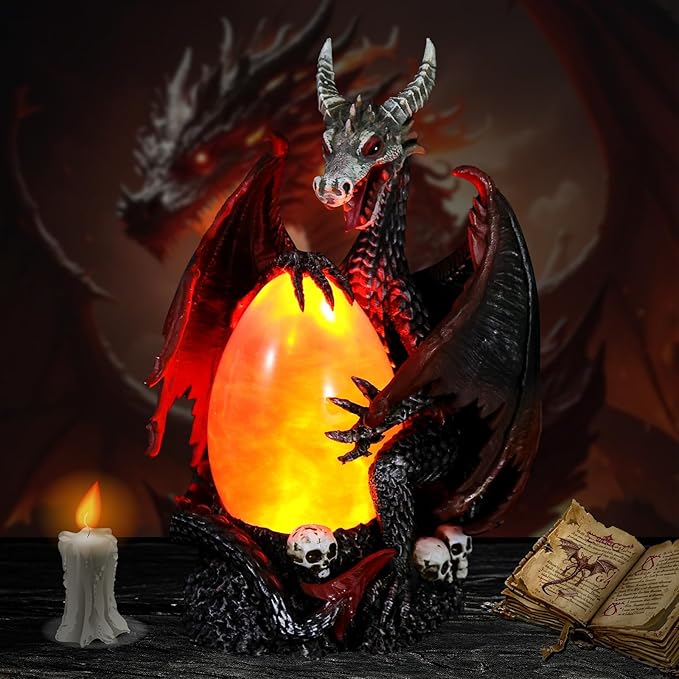 Fire Dragon Glitter Globe Statue Dragon Egg Glowing Sculpture, Skull Accent Base, Evil Dragons Lantern with 6H Timer, Battery Operated, Cool Decoration for Halloween, Fantasy Gift for Collectors