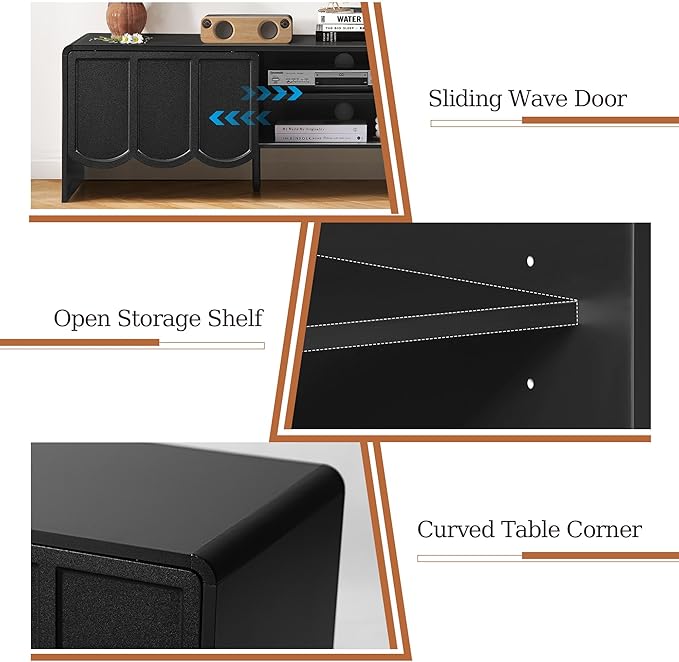 ORRD 63'' TV Stand, Modern TV Console Table Wave Panel Television Stands Entertainment Media Center with Storage Compartment and Sliding Door for Living Room (Black)