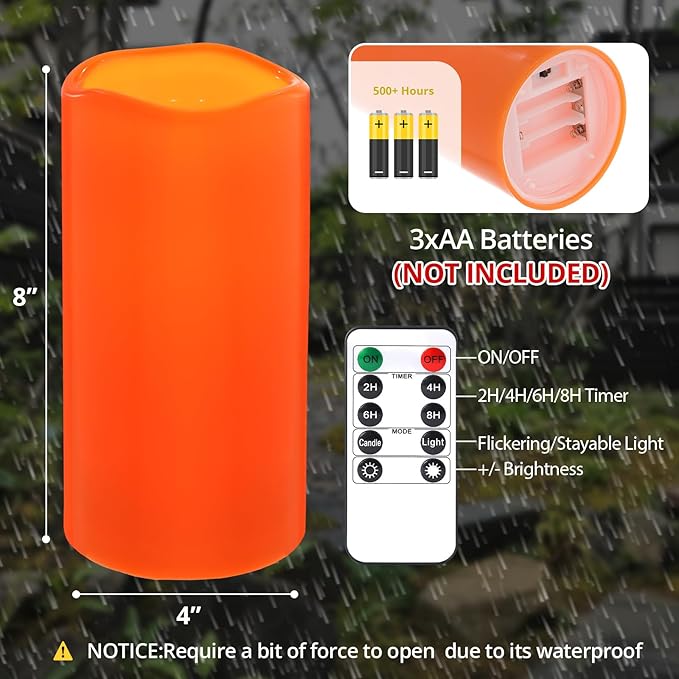 NURADA 8" x 4" Large Outdoor Flameless Candles - Waterproof LED Pillar Flickering Candle Battery Operated with Timer Remote for Patio Porch Lanterns Halloween Thanksgiving Fall Decor - 2 Pack Orange