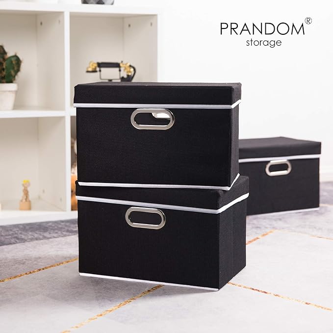 PRANDOM Foldable Storage Box with Lid [3-Pack] Fabric Collapsible Storage Bin Organizer Container Basket Cube with Cover for Home Bedroom Closet Office Nursery Black (14.9x9.8x9.8)