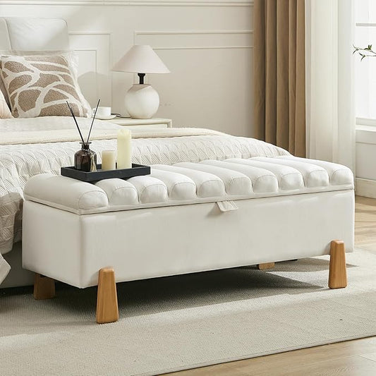 Storage Ottoman Bench for Bedroom Small Spaces 48.6 Inch with Hinged Lid Solid Wood Tapered Legs Tufted Upholstered Fabric for Living Room & Bedroom, Beige
