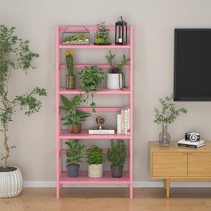 Homykic Bamboo Ladder Bookshelf, 4-Tier Ladder Shelf Open Book Shelf Freestanding Bookcase Bathroom Storage Rack Plant Stand for Living Room, Bedroom, Office, Easy Assembly, Pink
