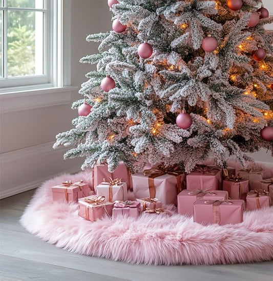 AOGU 36 Inch Faux Fur Christmas Tree Skirt Pink Plush Skirt for Merry Christmas Party Christmas Tree Decoration