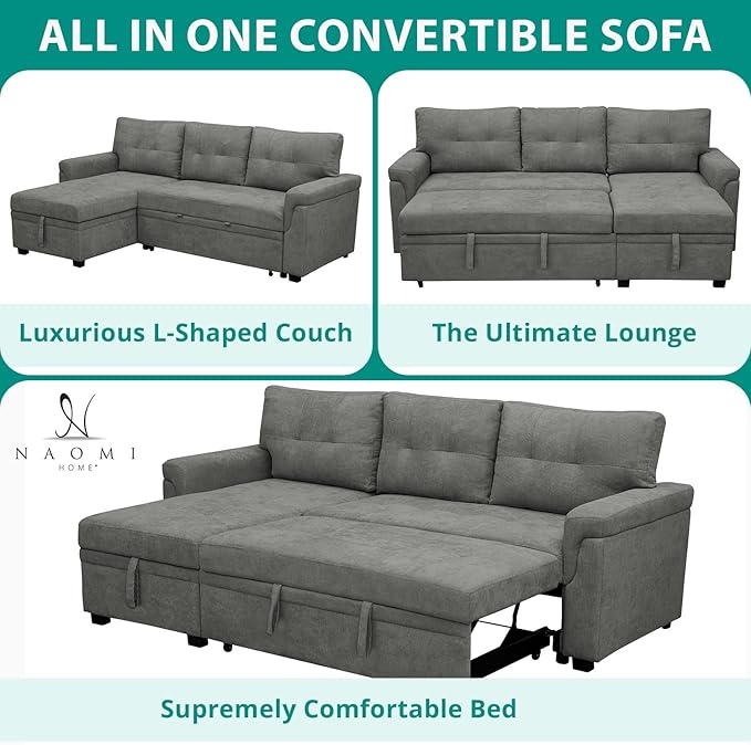 Naomi Home L-Shaped Reversible Sectional Sofa with Pull-Out Sleeper Bed and Storage Chaise, Gray Velvet