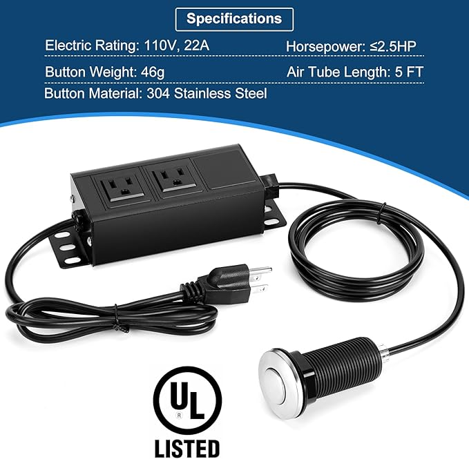 Dual Outlet Garbage Disposal Air Switch Kit, UL Listed Sink Top Air Switch for Food Waste Disposal, 3.58” Extra Long Air Button, Brushed Stainless Steel