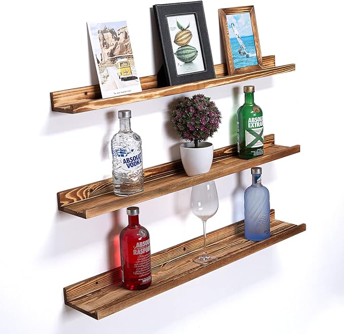 AZSKY Picture Ledge Shelf Wall Ledge Floating Shelves for Photo Frames Kids Book Shelves Wall Mounted Burnt Wall Display Shelf Wooden Frame Ledge 48 Inches Set of 3 Bathroom Organizer Shelves
