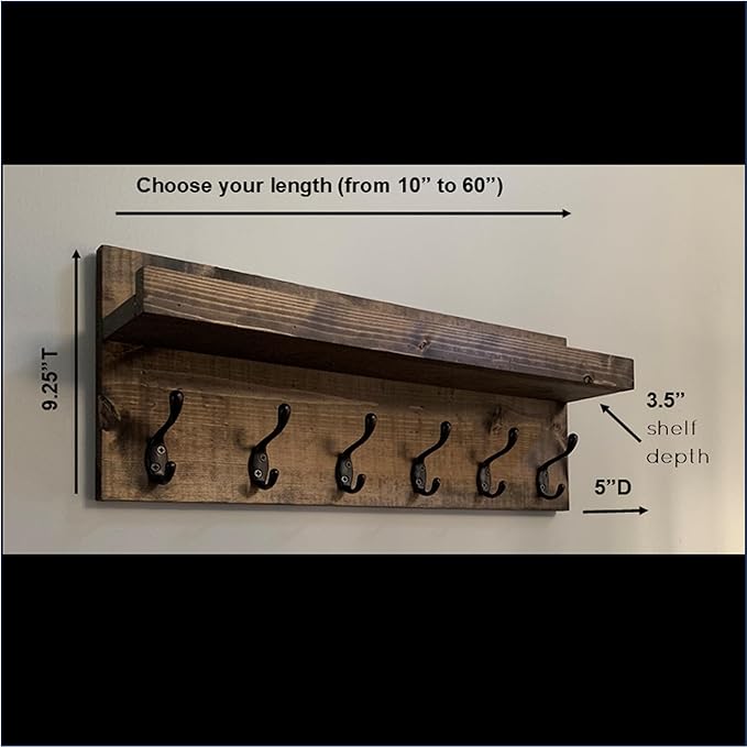 Coat Rack with Shelf Wall Mounted with Storage (Choose Your Length) Towel Rack Entryway Organizer Key Hooks (24" L (6 Hooks))