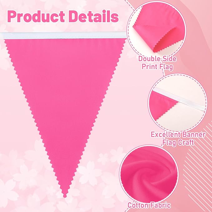 MARFOREVER 28 FT Rose Hot Pink Pennant Banner, 30 Pcs Pink Fabric Triangle Flag Bunting Garland for Baby Shower Nursery Garden Wedding Engagement Anniversary Theme Party Decorations