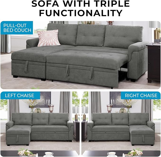 Naomi Home L-Shaped Reversible Sectional Sofa with Pull-Out Sleeper Bed and Storage Chaise, Gray Velvet