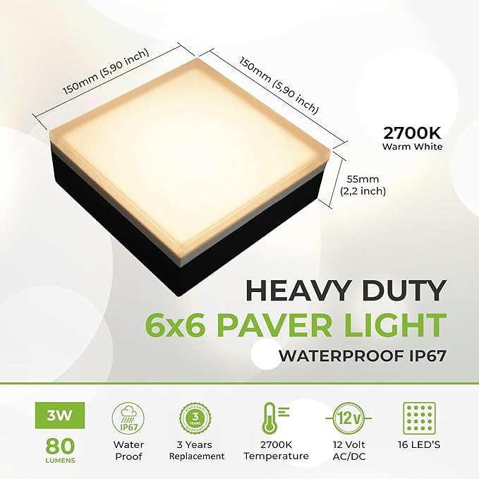 LUMENGY Paver Light 6×6 Inch (5.9 inch X 5.9 inch), Warm White Glare-Free Illumination for Driveways, Pathways, Pool Deck & Patios,12V AC/DC, Waterproof & Drive-Over Rated