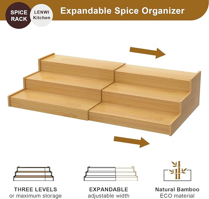 Spice Rack Organizer for Cabinet, 3 Tier Expandable Bamboo Spice Storage, Great for Kitchen Cabinet, Cupboard,Pantry and More