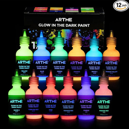 ARTME Glow in The Dark Paint, Glow Paint Set of 12 Bright Colors 30ml/1oz, Long Lasting Glow Fluorescent Perfect for Art Painting, DIY projects, Easter, Halloween, and Christmas Decorations