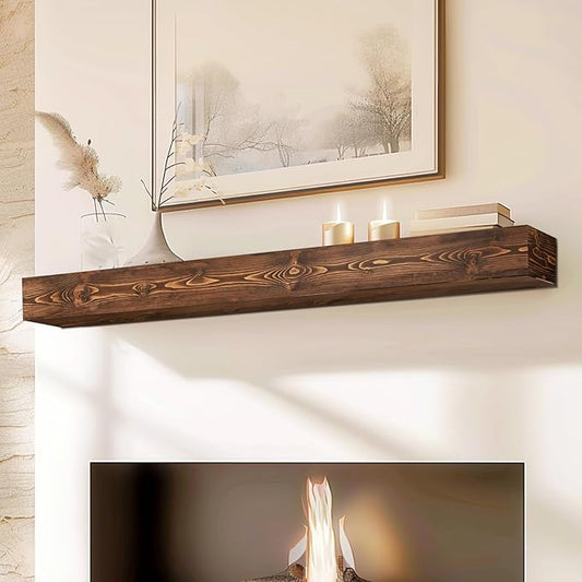 60x8x5 Fireplace Mantel - Handcrafted Hollow Rustic Solid Wood Wall Mounted Floating Shelf with Invisible Heavy Duty Wood Bracket (Weathered Brown)