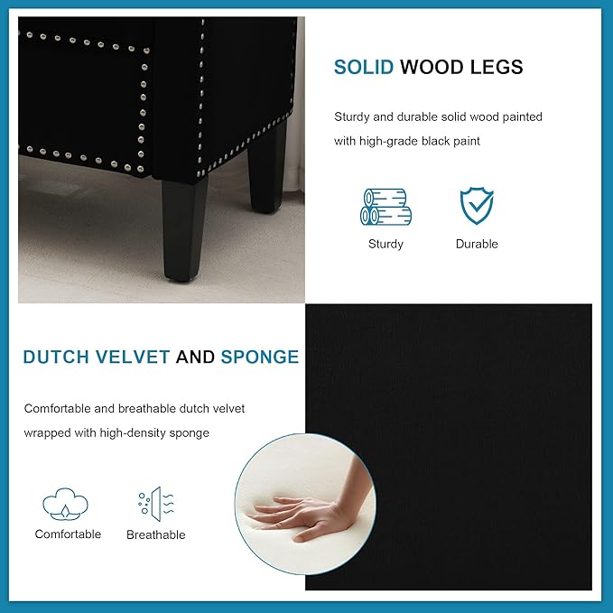 Storage Ottoman Bench, Velvet Upholstered Footstool for Bedroom and Living Room, Tufted Seat with Storage, Wooden Legs & Metal Rivets, Black