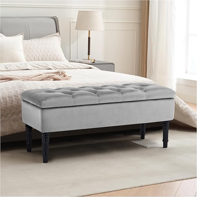 Ottoman with Storage Velvet Storage Bench Holds Up to 500 lbs Ottomans Upholstered Bench with Seating for Bedroom, Living Room, Grey
