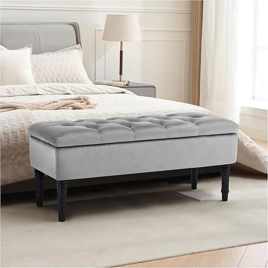 Ottoman with Storage Velvet Storage Bench Holds Up to 500 lbs Ottomans Upholstered Bench with Seating for Bedroom, Living Room, Grey