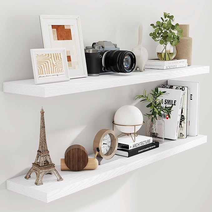 Fun Memories Floating Shelves 55 Inch Set of 2, White 55 x 9 Wall Shelves for Home Decor Storage, Rustic Wood Floating Shelf for Wall, 9 Inch Deep Shelving for Bathroom, Living Room, Kitchen