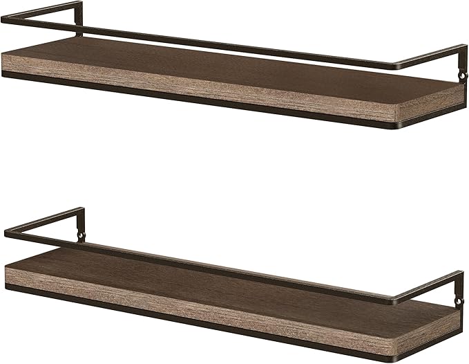 Meangood Floating Shelves Wall Mounted Set of 2, Rustic Wood Wall Storage Shelves for Bedroom,Living Room,Bathroom, Kitchen Brown