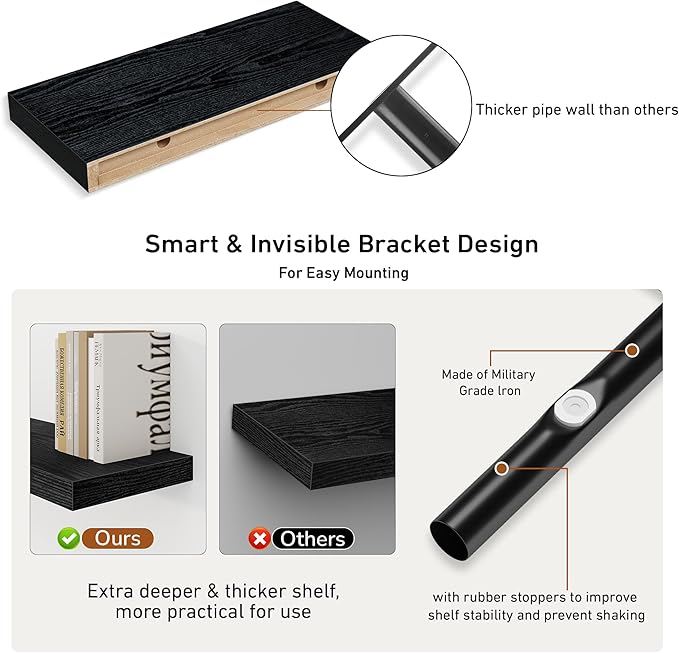 Fun Memories Deep Floating Shelves - 16" W x 9" D x 1.6" H Rustic Black Wall Shelf - Wall Mounted Shelves for Storage - Wooden Shelves with Invisible Brackets for Living Room, Farmhouse - Set of 2