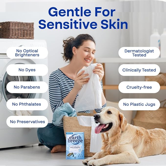 Earth Breeze Laundry Detergent Sheets Fragrance-Free - 180 Loads Eco Liquidless Soap - Travel-Friendly for Hot & Cold Cycles, Tackles Tough Stains & Odors - Gentle on Sensitive Skin, 90 Ct (3 Pack)