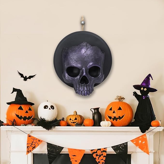 Halloween Skull Decorations, Gothic Skeleton Head Hanging Wall Decor, Resin Creepy Skull Led Lights for Indoor Halloween Party Home Decorations