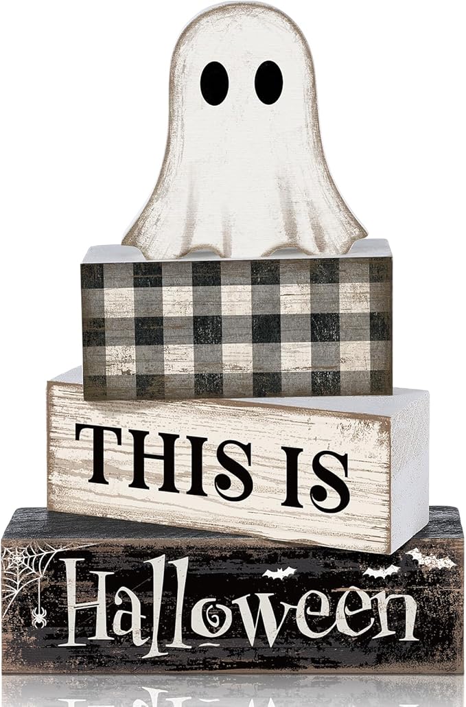 4 Pcs Ghost Halloween Decor Black and White Halloween Tiered Tray Decor Ghost Table Centerpiece Decorations Rustic Wooden Block Sign Gift for Home Shelf Kitchen Coffee Bar
