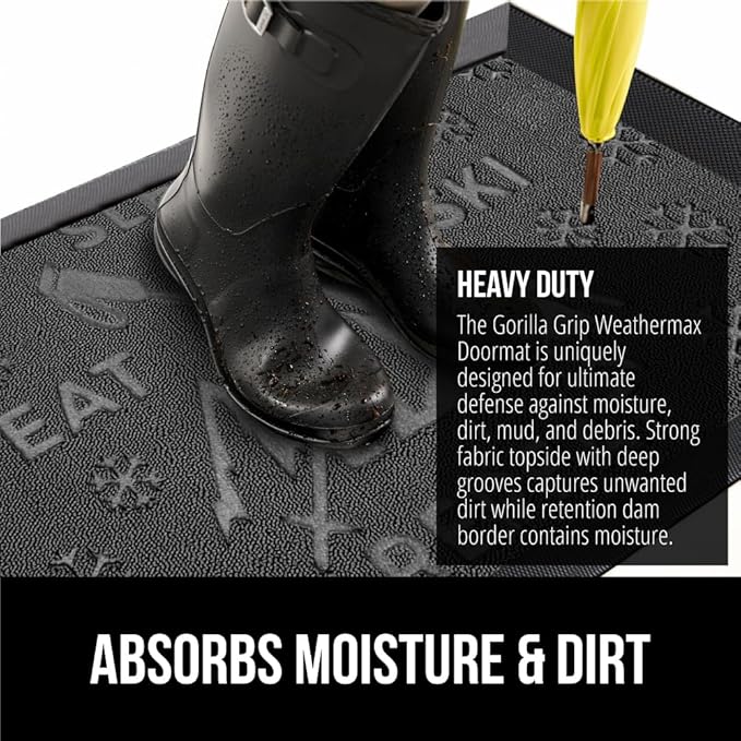 GORILLA GRIP 100% Waterproof All-Season WeatherMax Doormat, US Designed Natural Rubber, Stain and Fade Resistant, Low Profile Indoor Outdoor Door Mats, Easy Clean Patio Mat, 17x29, Graphite Skiing