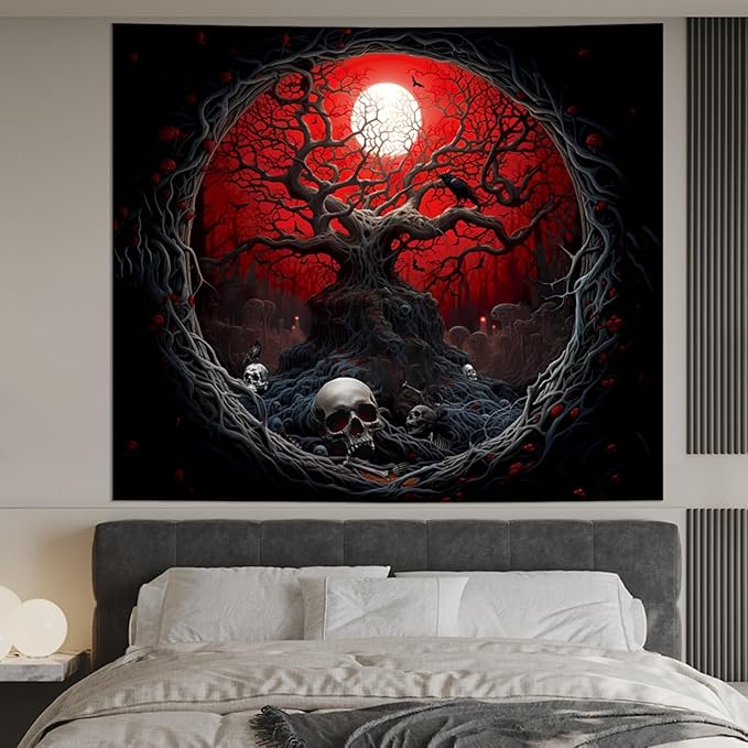 Atrippy Halloween Black Red Anime Tapestry, Gothic Dark Forest Moon Wall Hanging, Nature Skull Withered Tree Landscape Tapestries for Bedroom Living Room Men Dorm 51x 60 Inches