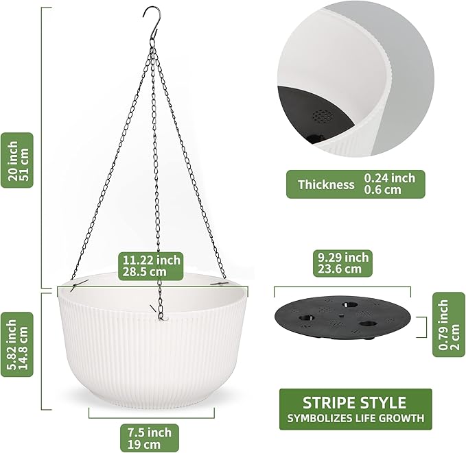 Dexceder 11.2 Inch Self Watering Hanging Planters Indoor Outdoor, Thickened Hanging Basket Flower Plant Pot (2 Pack, White)