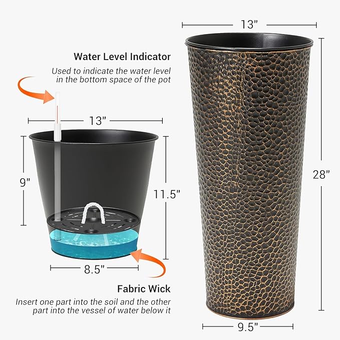 Worth Garden 2-Pack 28" H. Metal Planters with 2X Inside Pots - Hand-Hammered Texture Tall Narrow Cone Plant Pots - Large Handcrafted Bronze Flower Pot for Indoor Outdoor, Deck, Patio, Front Porch