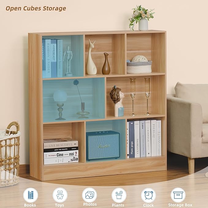LEYAOYAO 8 Cube Bookshelf with Wood Base,Natural 3 Tier Mid-Century Modern Bookcase,Standing Wide Bookshelves Storage Organizer Shelf,Rustic Display Cabinet Book Shelves for Bedroom,Living Room
