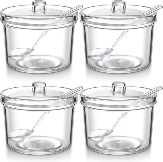 Patelai 4 Pieces Sugar Bowl Acrylic Clear Sugar Bowl with Lid and Salt Spoon Storage Jar with Airtight Lid for Salt, Tea, Spices, Herbs, Condiments(7.1 oz)