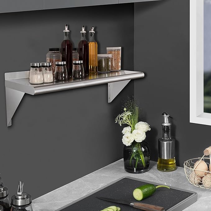 HARDURA Stainless Steel Shelf 14" x 48", 310lb Commercial Shelves Wall Mount Metal Shelving with Backsplash and Brackets for Kitchen, Restaurant, Laundry Room and Home