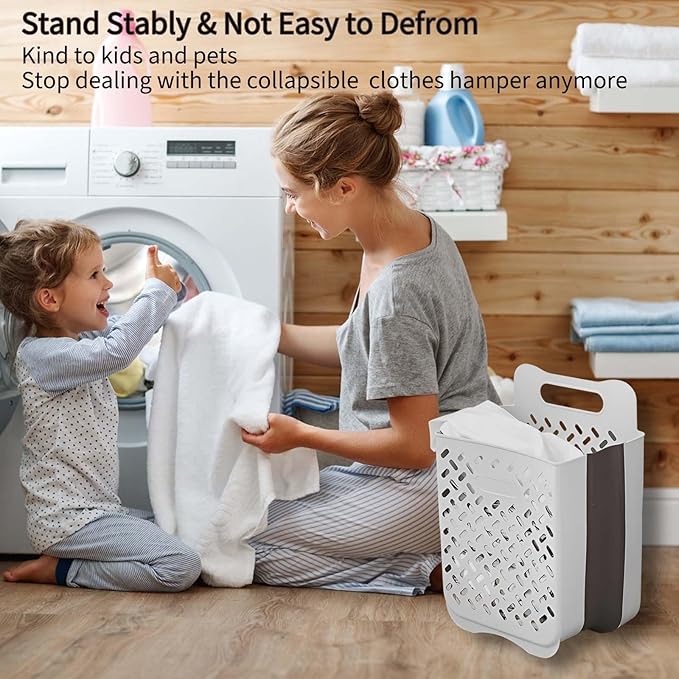 Plastic Foldable Laundry Basket with Handle, 42L Wall Mounted Laundry Hamper Freestanding Dirty Clothes Hamper, Collapsible Laundry Baskets Pop Up Hamper Storage Container for Snacks Dolls