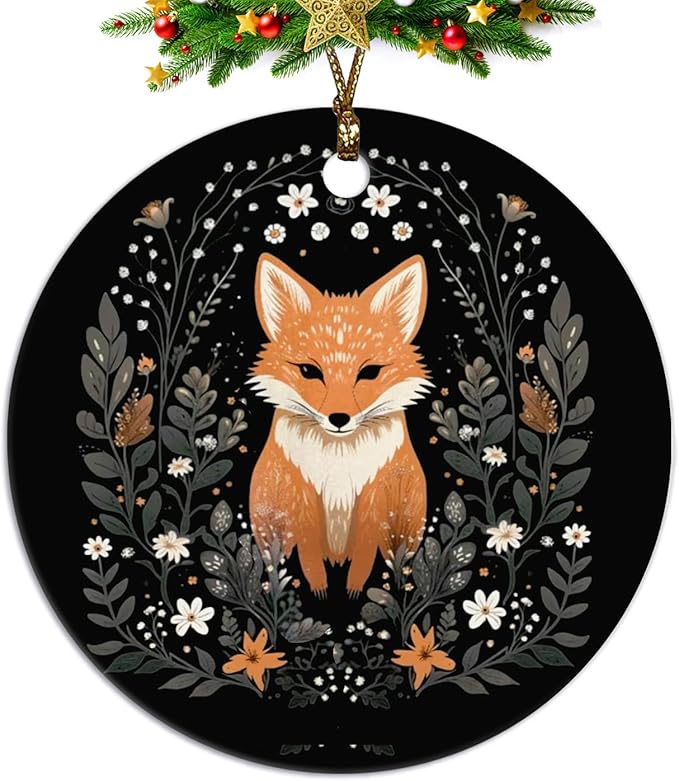 Fox Ornament, Fox Gifts for Women Girls Men,Gifts for Fox Lovers, Cottagecore Botanical Fox Ceramic Ornaments, Fox Decorative Hanging Ornament
