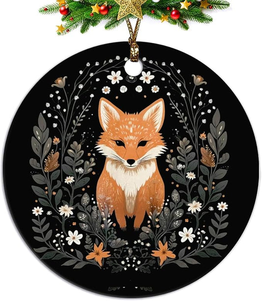 Fox Ornament, Fox Gifts for Women Girls Men,Gifts for Fox Lovers, Cottagecore Botanical Fox Ceramic Ornaments, Fox Decorative Hanging Ornament