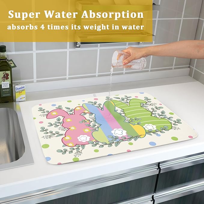 Easter Dish Drying Mat for Kitchen Counter Cute Bunny Rabbit Festival Holiday Seasonal Absorbent Reversible Microfiber Kitchen Countertop Protector Dishes Pad Large 18x24 inch