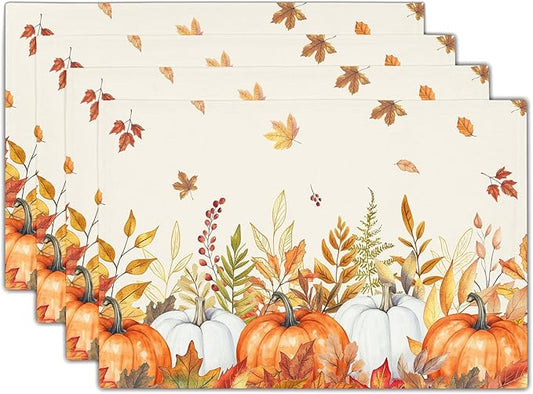 Fall Placemats Set of 4 Autumn Thanksgiving Harvest Watercolor Pumpkin Place Mats 12x18 Inch Seasonal Washable Table Mats for Party Kitchen Dining Decoration