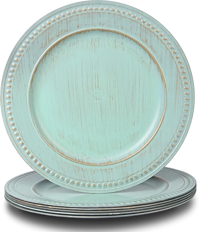 13" Vintage Charger Plates, Beaded Chargers for Dinner Plates Set of 6, Reusable Decorative Charger Plate Set Bulk Wedding, Turquoise