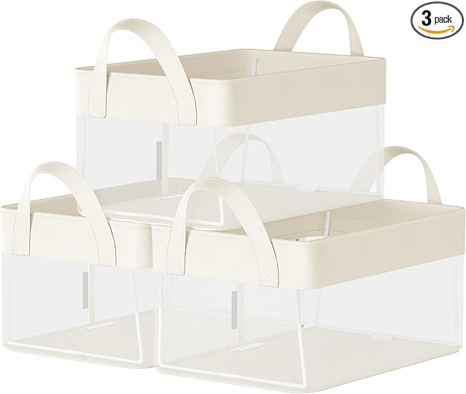 SONGMICS Storage Bins Set of 3, Small Fabric Storage Baskets, Foldable Organizer with Transparent Nylon Mesh, 11.8 x 7.9 x 5.9 Inches, Handles, for Bathroom, Kitchen, Cream White URFB915W01