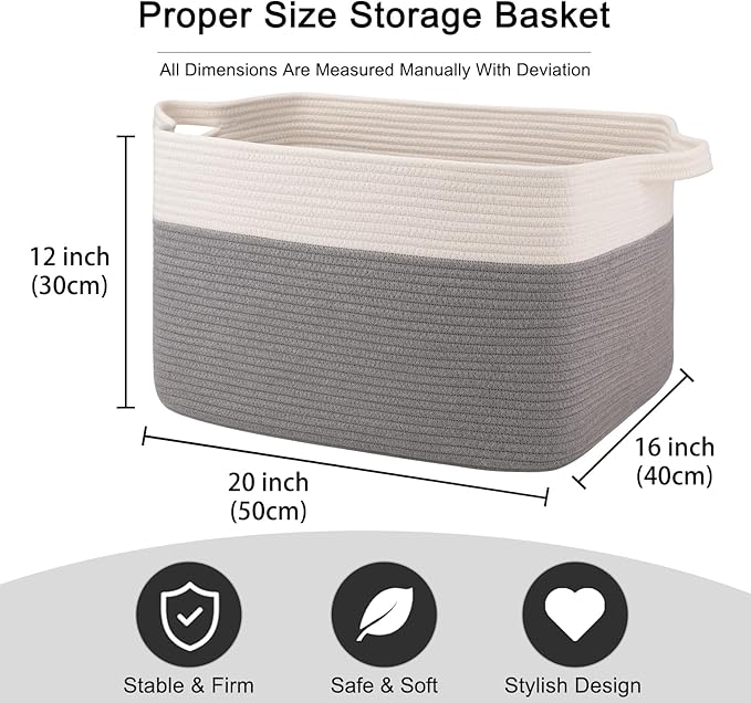 OIAHOMY 65L Blanket Basket, Cotton Rope Woven Blanket storage for Living Room, Rectangle Woven Baskets for Storage, 20''×16''×12'', Grey and White