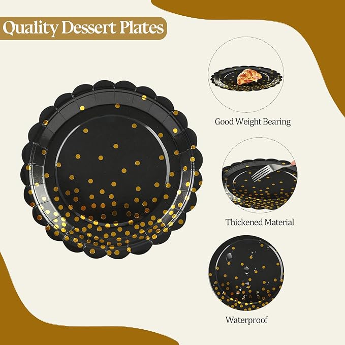 50PCS Black and Gold Paper Plates, 7 Inch Black Scalloped Party Plates Disposable Dessert Plate Cake Plate for Graduation Retirement Aniversary Birthday Dinner