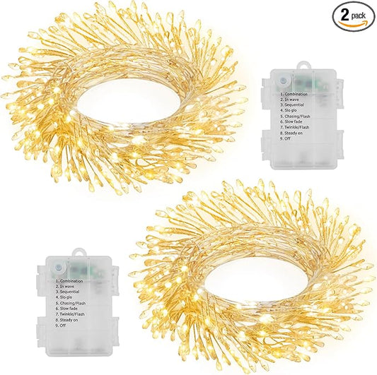 2 Pack Cluster Fairy Lights Battery Operated, Total 20Ft 400 LED Christmas String Lights with Timer 8 Modes Silver Wire Firecracker Fairy Lights for Garlands Tree Wedding Decoration (Warm White)