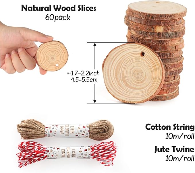 30 Pcs Wood Slices for Crafts, 1.57"-2" Pre-Drilled Holes Wood Rounds, 66 Feet Twine String, Wooden Circles for Crafts Burning Painting DIY Crafts Christmas Wedding Party Wedding Decor Party