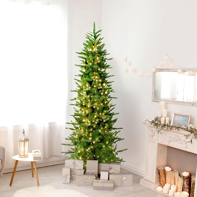 Fraser Hill Farm 7.5-Ft. Carmel Pine Slim Artificial Christmas Tree with Warm White LED Lights and Stand, Prelit Foldable Fake Tree with Realistic Foliage for Home Decoration
