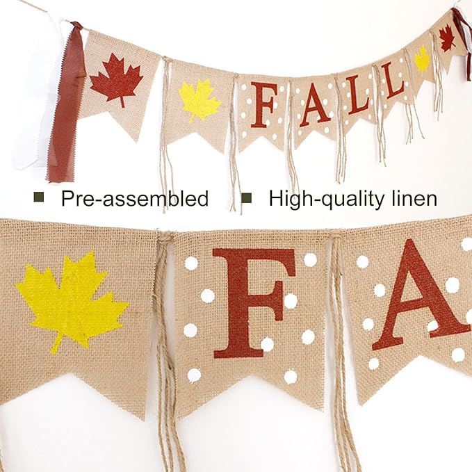 Happy Fall Burlap Banner, Fall Sign Rustic Maple Leaf Flag Natural Fall Harvest Banner for Autumn Home Party School Party Thanksgiving Day Decoration