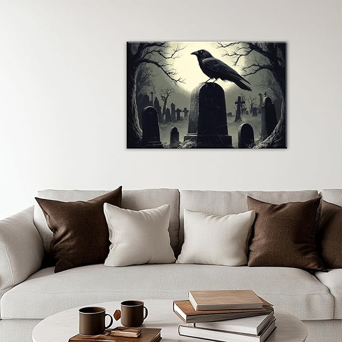 Crow Canvas Wall Art Gothic Black Bird On Branch Painting Print Spooky Forest Full Moon Scenery Poster Artwork Framed Halloween Home Decor(Artwork-3,28"x42")