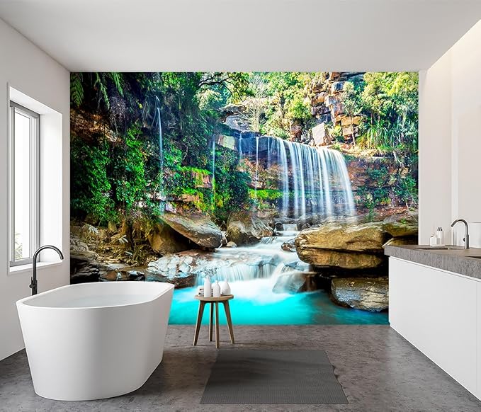 '-Green Lake Waterfall Scenery Fabric Wallpaper Living Room Woodland Forest Mountain Bedroom Bathroom Wall Mural- 91"x65"（ not Peel and Stick）