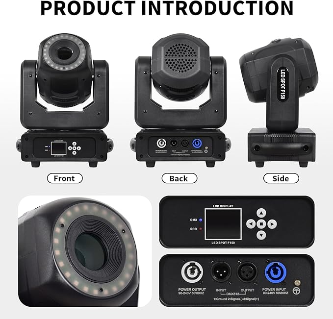 DJCLUB Moving Head Lights LED 100W Spot Effect with 6 Rotating & 7 Gobos 8 Colors Projector 5-Facet Prism by DMX512 Control Stage Lights for Disco Bar Wedding Party (LED 150W Moving Head)